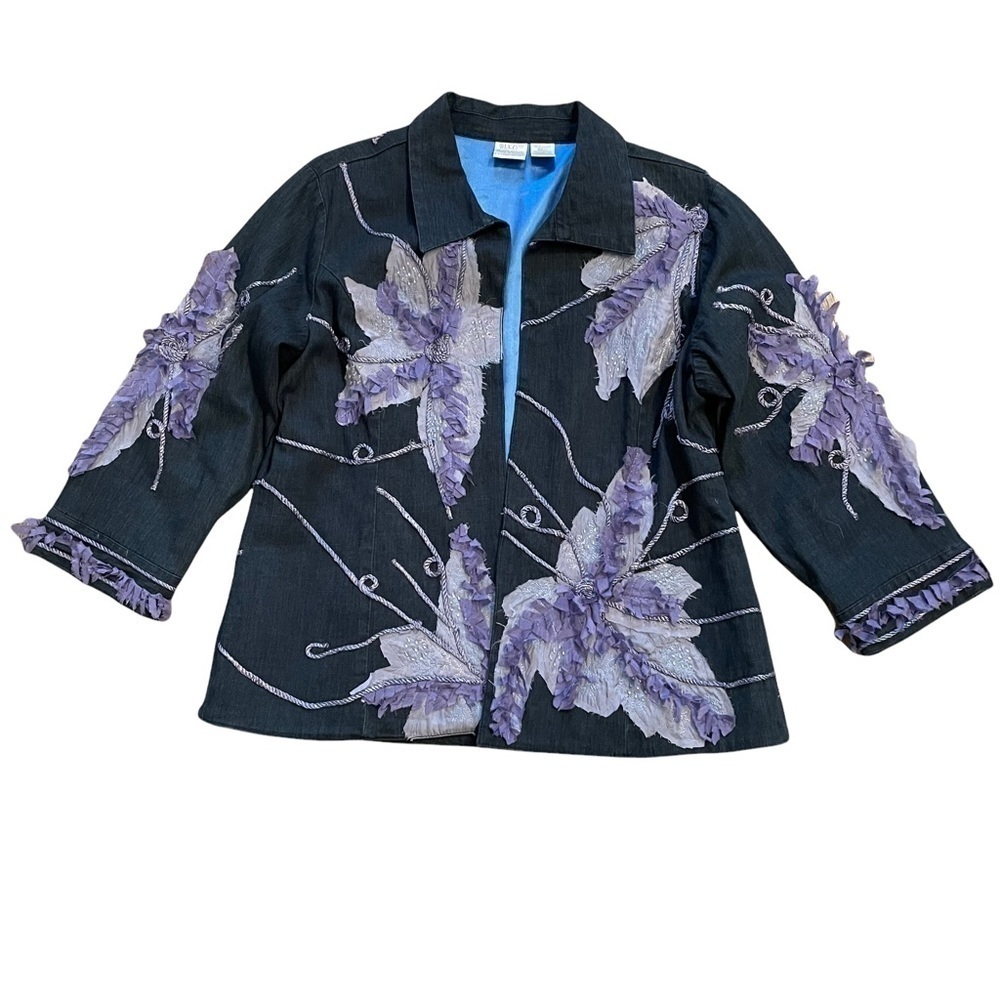 Bleu Bayou Dark Blue Embellished Open Jacket with Flower Appliques Art to Wear L